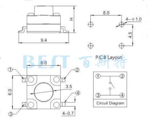 輕觸開關(guān)TS-1109KW參考圖紙 輕觸開關(guān)TS-1109KW參考圖紙