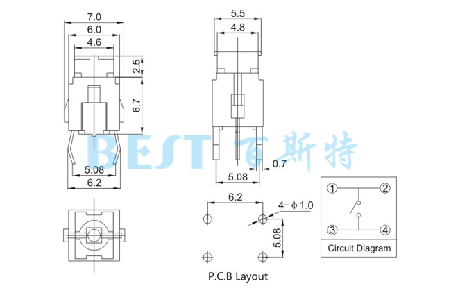 輕觸開關(guān)TS-1191參考圖紙 輕觸開關(guān)TS-1191參考圖紙