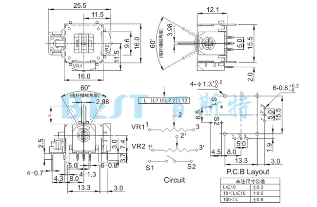 搖桿電位器RJ16-298-B103參考圖紙 搖桿電位器RJ16-298-B103參考圖紙